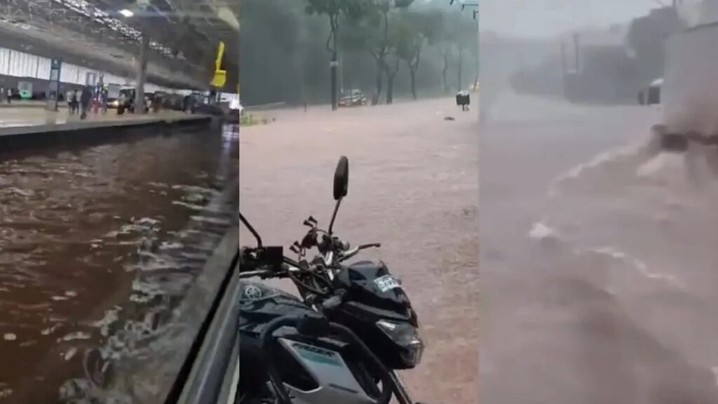 Temporal provoca enxurrada, arrasta motociclista e interdita vias em Goiânia