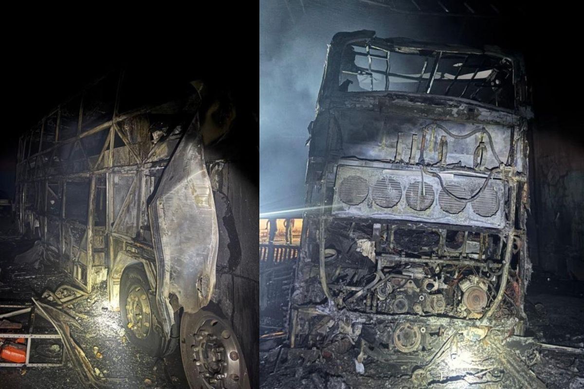 Incêndio atinge galpão com ônibus de artistas sertanejos, em Goiânia