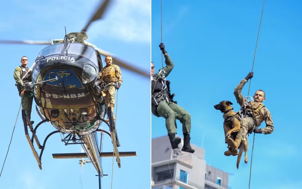 Vídeo: Cão desce de rapel de helicóptero e impressiona durante apresentação do Graer em Goiânia