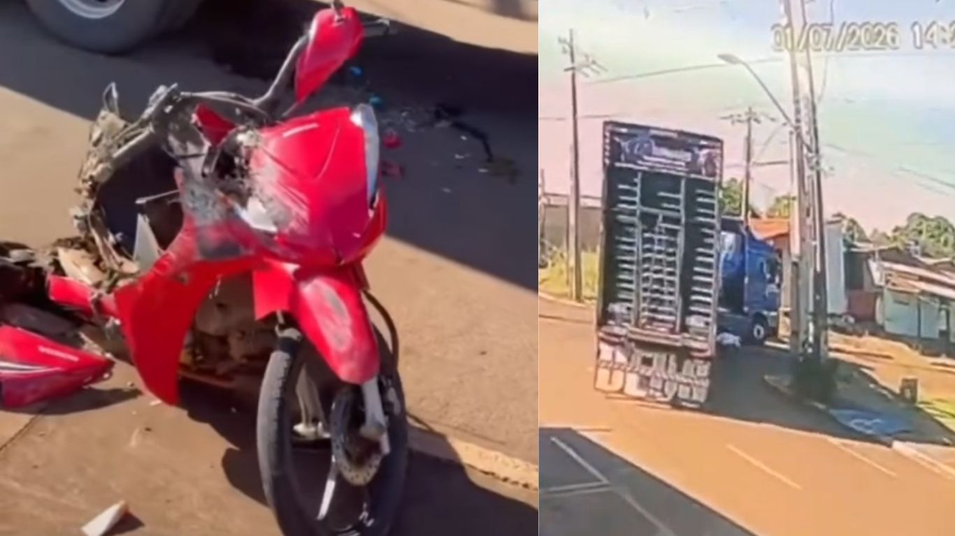 Vídeo: mulher salta de moto em movimento e escapa de ser atropelada por carreta em Jataí