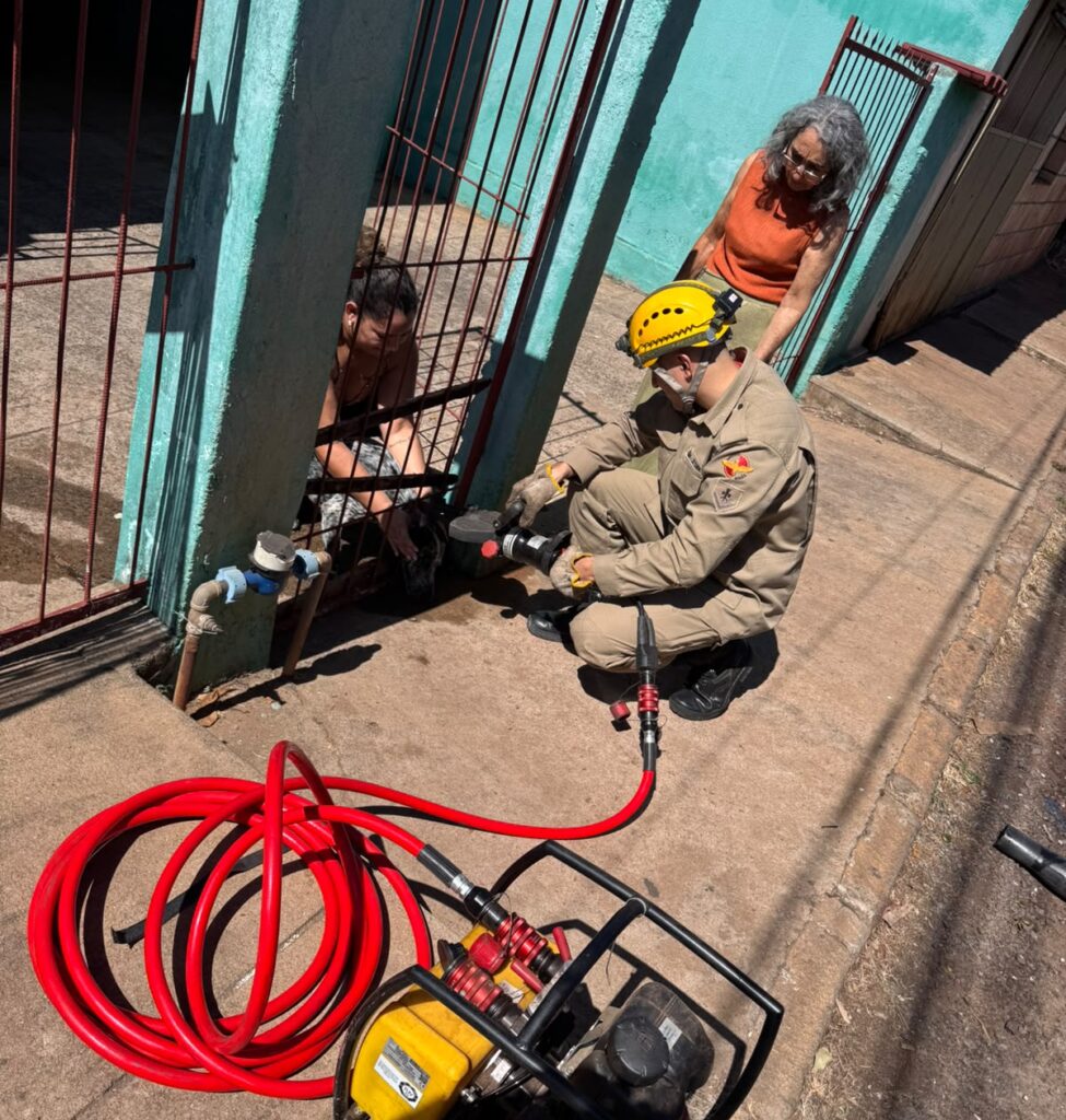 Cachorro preso em grade de portão é resgatado pelos bombeiros em Goiás