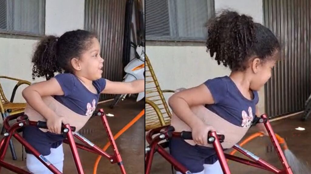 Menina de 6 anos emociona ao mostrar alegria durante tarefa simples em casa, em Trindade