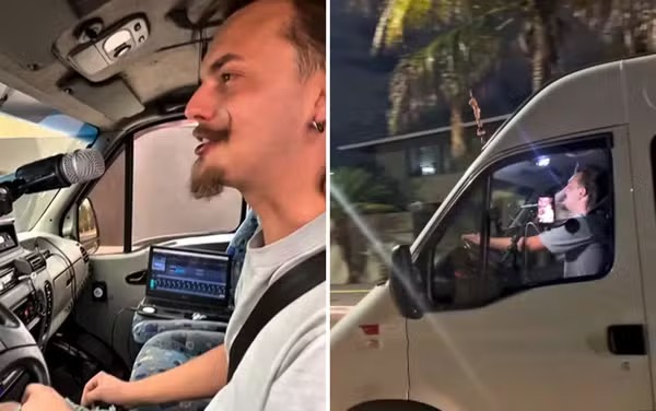 Cantor viraliza nas redes sociais ao transformar van em estúdio e sair pelas ruas de Goiânia divulgando novo DVD