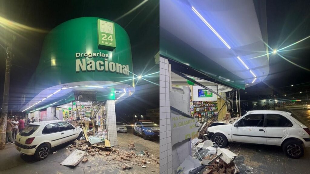 Câmeras registram exato momento em que carro invade farmácia e destrói fachada em Anápolis
