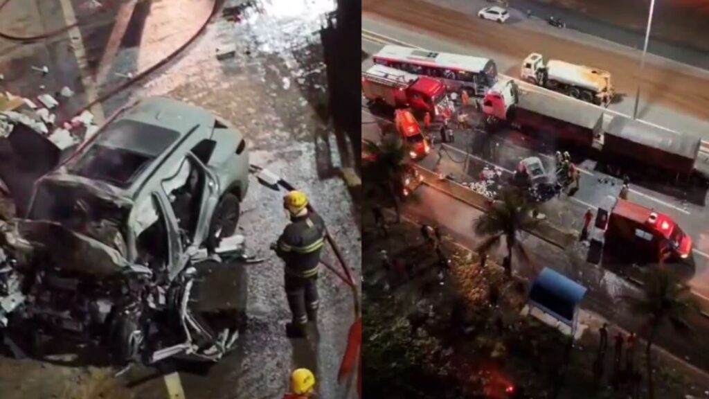 Homem morre após carro bater contra caminhão e pegar fogo na GO-020, em Goiânia