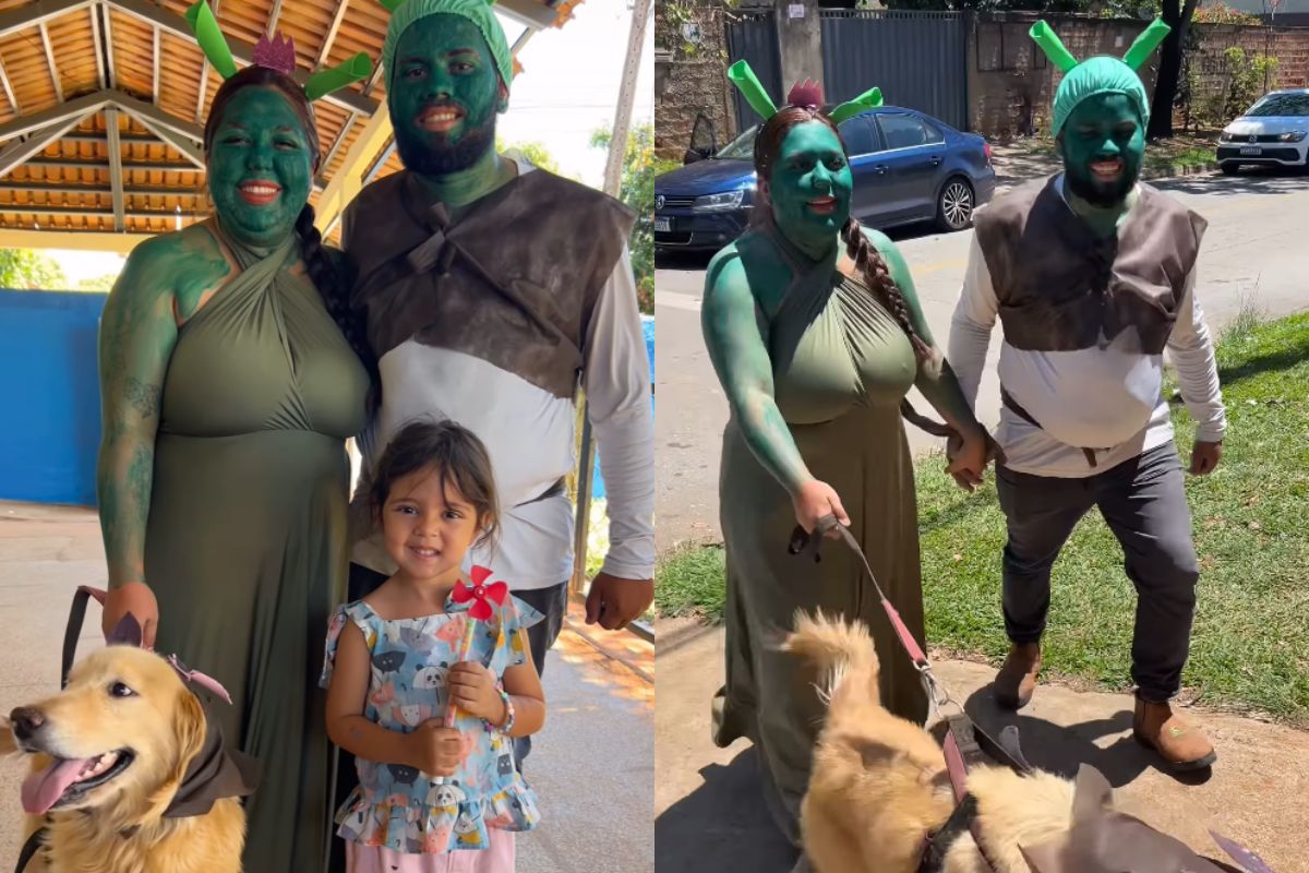 Pais viralizam ao buscar filha na escola fantasiados de Shrek e Fiona, em Aparecida de Goiânia