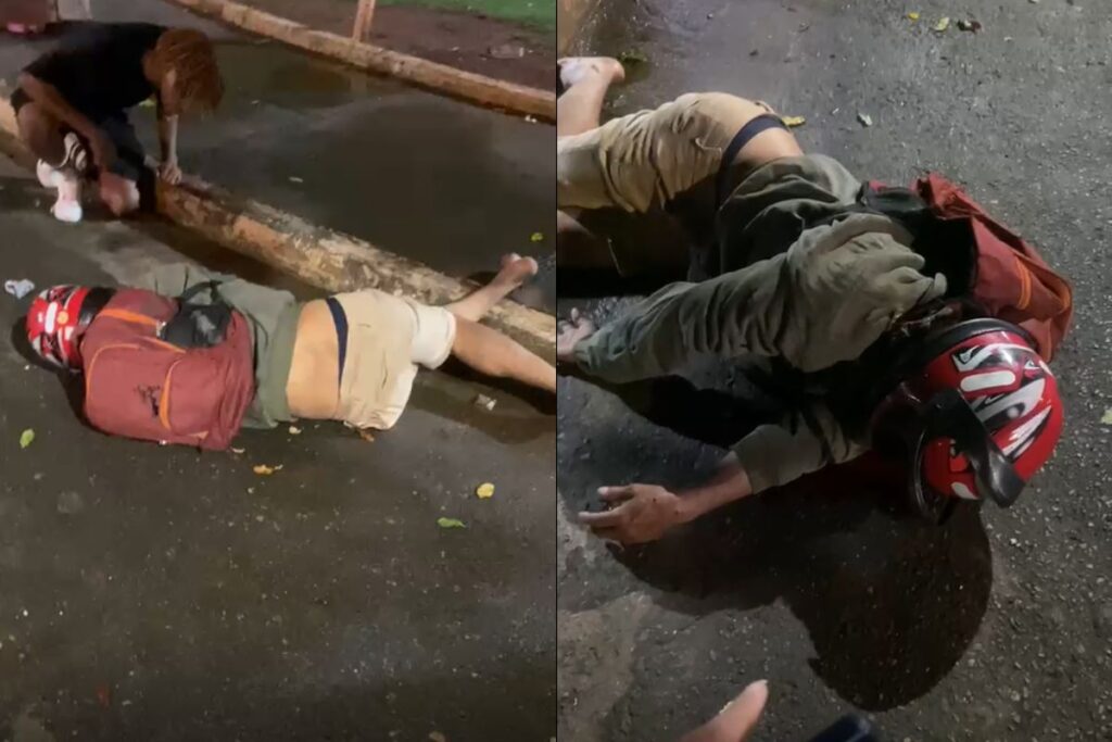 Motociclista é arremessado após bater em meio-fio e fica desacordado, em Caldas Novas