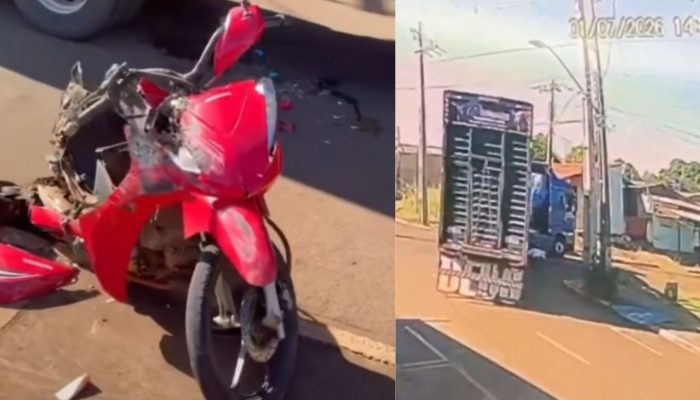 Vídeo: mulher salta de moto em movimento e escapa de ser atropelada por carreta em Jataí