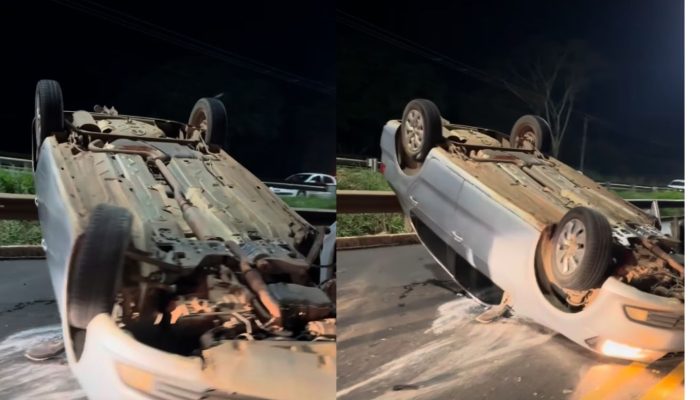 Grave acidente na Rodovia dos Romeiros termina com carro capotado
