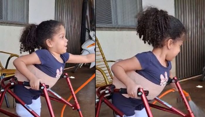 Menina de 6 anos emociona ao mostrar alegria durante tarefa simples em casa, em Trindade