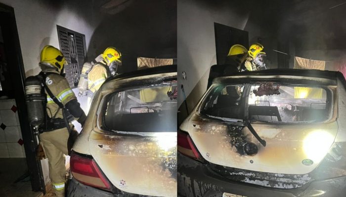 Carro pega fogo dentro de garagem durante a madrugada em Rio Verde