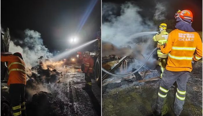 Mais de 50 bezerros morrem carbonizados após carreta pegar fogo na GO-112