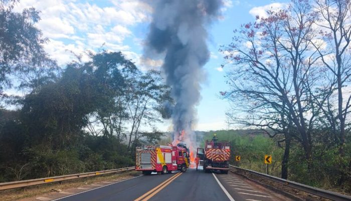 Carreta-cegonha com veículos elétricos da BYD é destruída por incêndio na BR-364