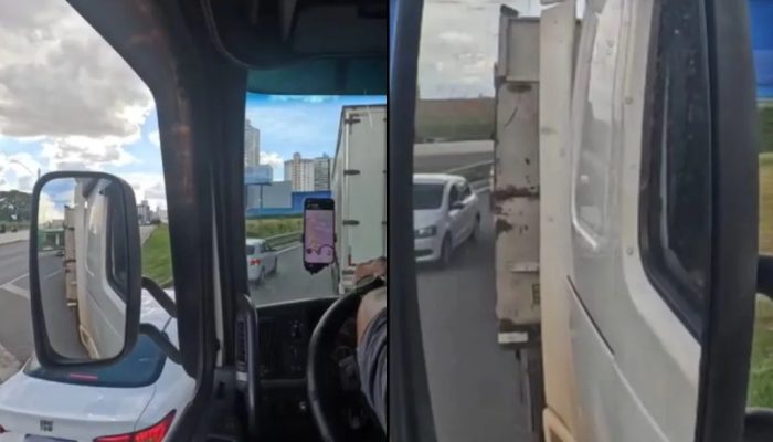 Vídeo mostra carro escapando por pouco de acidente com caminhão na BR-153, em Goiânia
