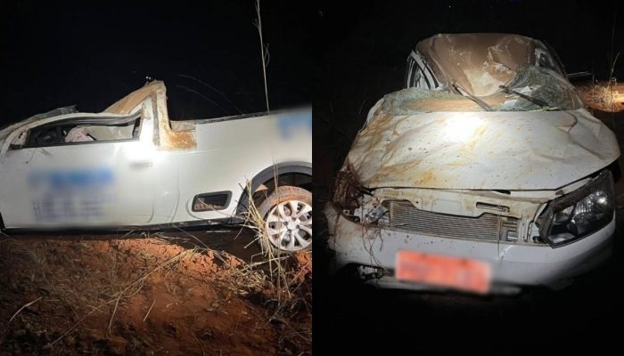 Pneu estoura e carro funerário capota após bater em caminhão na BR-050, em Catalão
