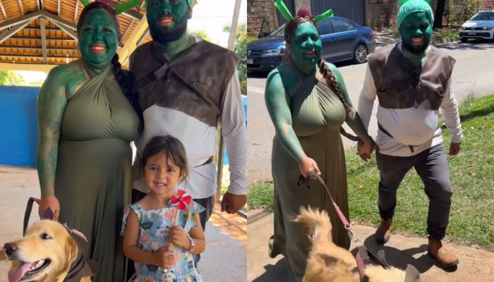 Pais viralizam ao buscar filha na escola fantasiados de Shrek e Fiona, em Aparecida de Goiânia