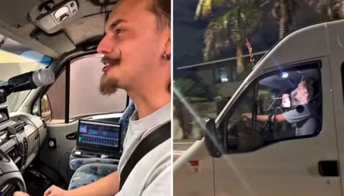 Cantor viraliza nas redes sociais ao transformar van em estúdio e sair pelas ruas de Goiânia divulgando novo DVD